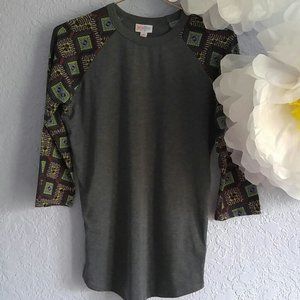 LuLaRoe Randy Grey Tribal Pattern Sleeves Polyester Spandex Jersey SZ XS